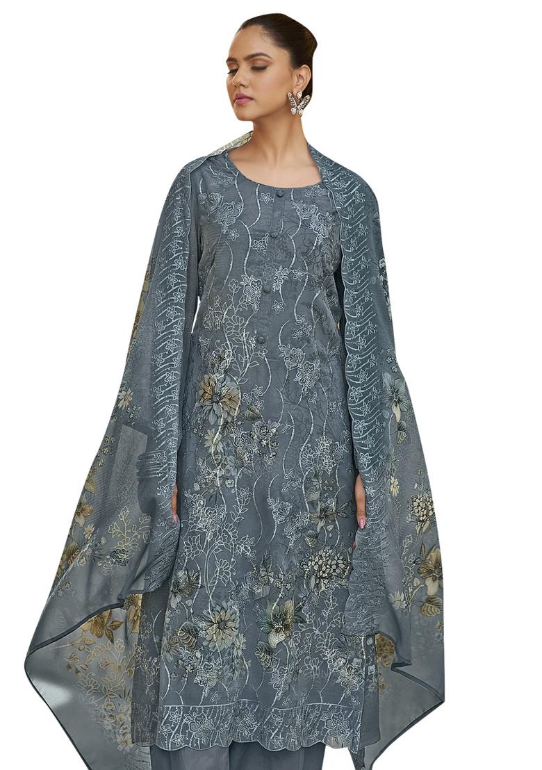 Grey Embroidered Organza Dress Material