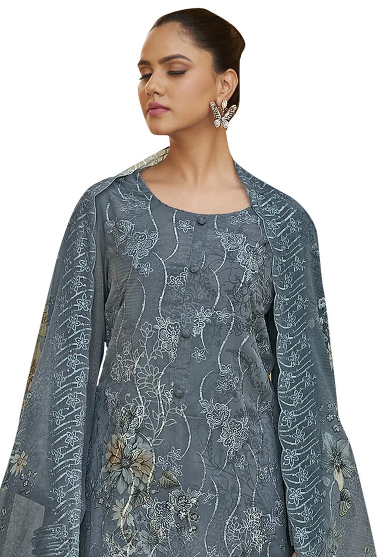 Grey Embroidered Organza Dress Material