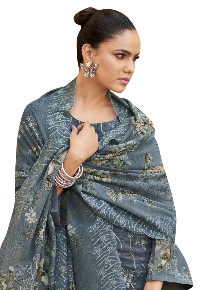 Grey Embroidered Organza Dress Material