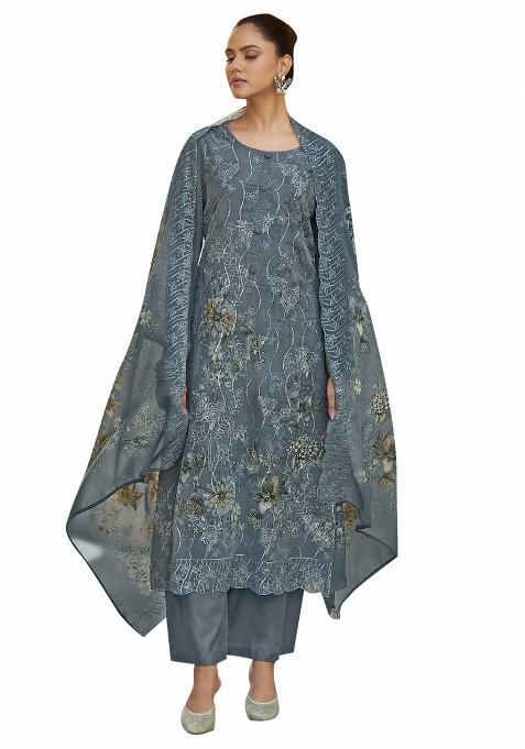 Grey Embroidered Organza Dress Material