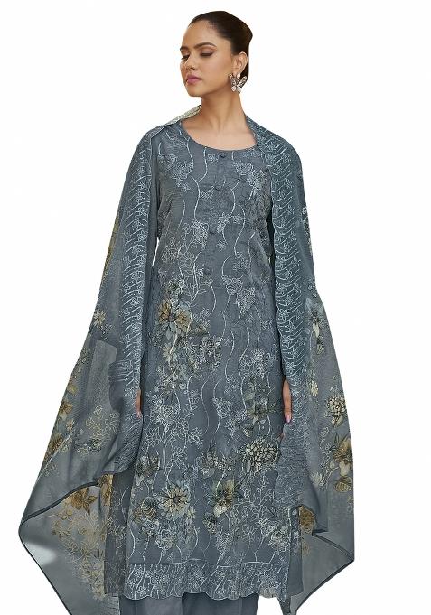 Grey Embroidered Organza Dress Material