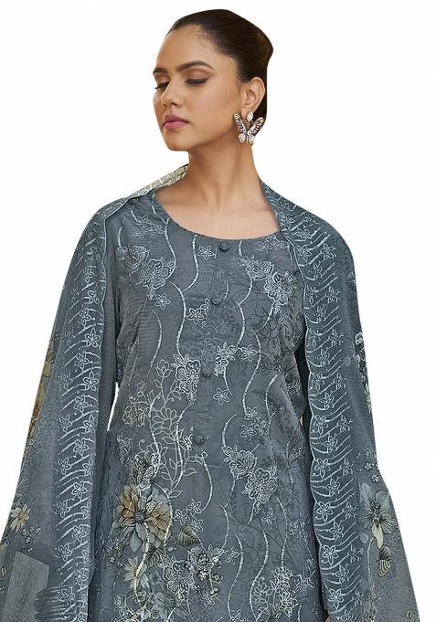 Grey Embroidered Organza Dress Material