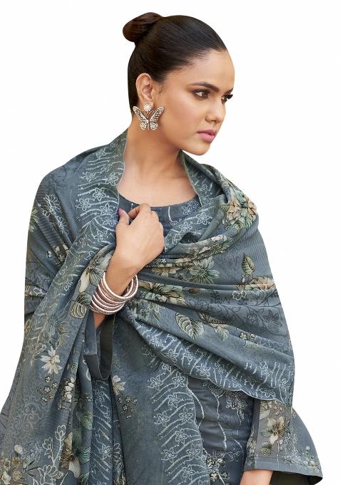 Grey Embroidered Organza Dress Material