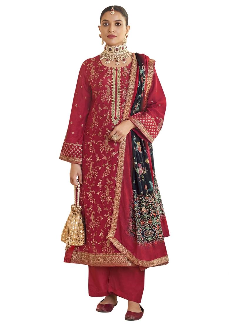 Red Embroidered Silk Dress Material