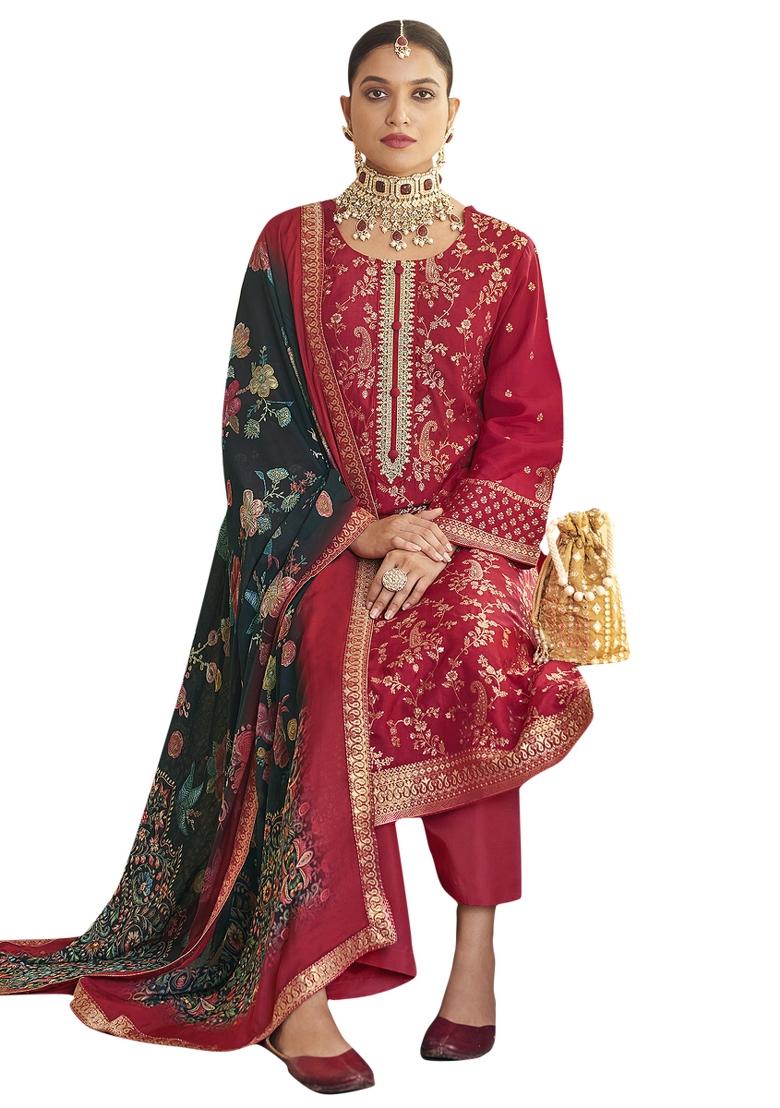 Red Embroidered Silk Dress Material