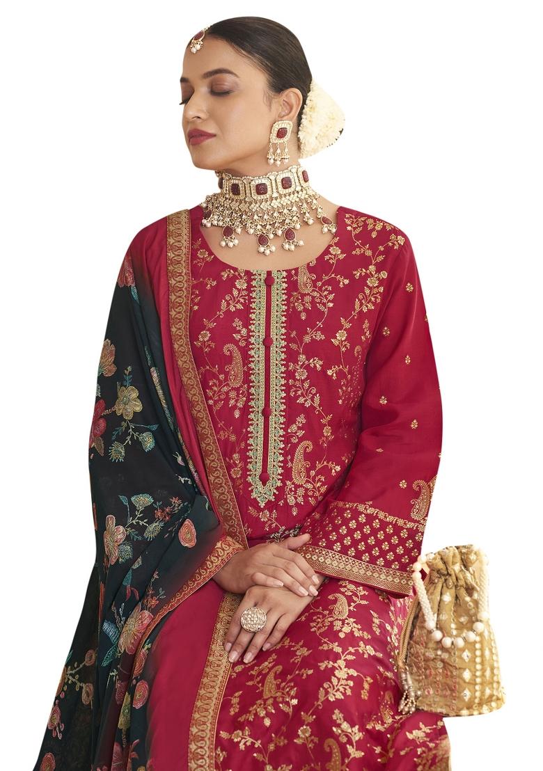 Red Embroidered Silk Dress Material