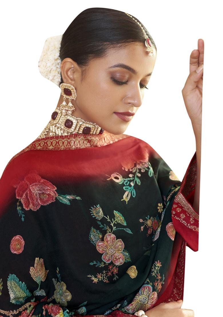 Red Embroidered Silk Dress Material