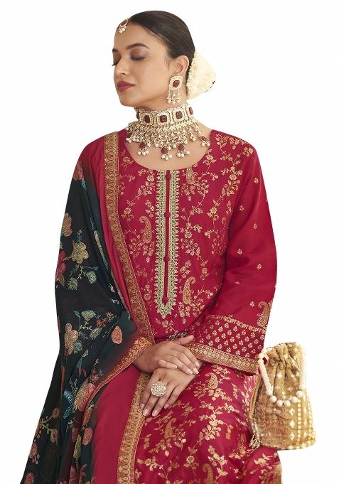 Red Embroidered Silk Dress Material