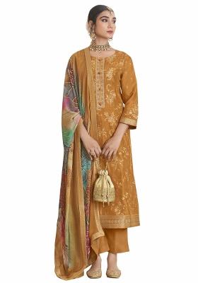 Mustard Embroidered Silk Dress Material