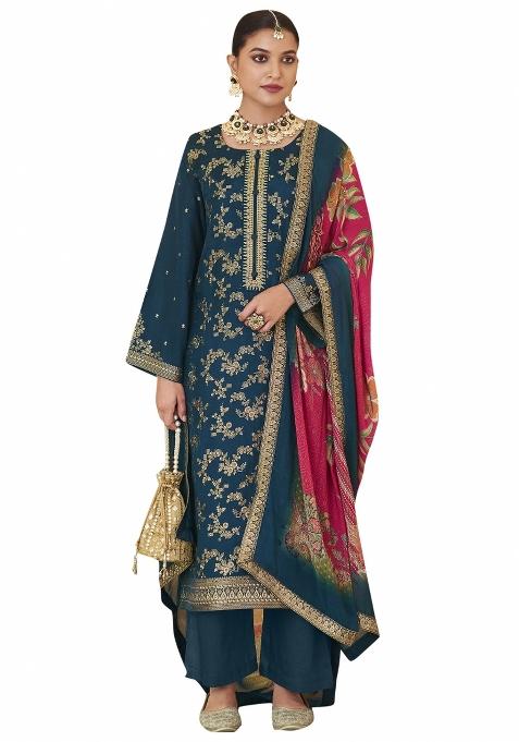 Navy Blue Embroidered Silk Dress Material