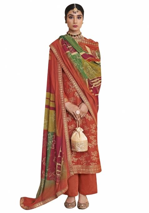 Rust Embroidered Silk Dress Material