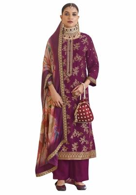 Purple Embroidered Silk Dress Material