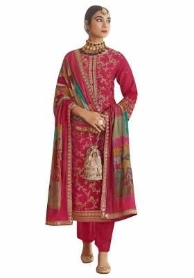 Magenta Embroidered Silk Dress Material