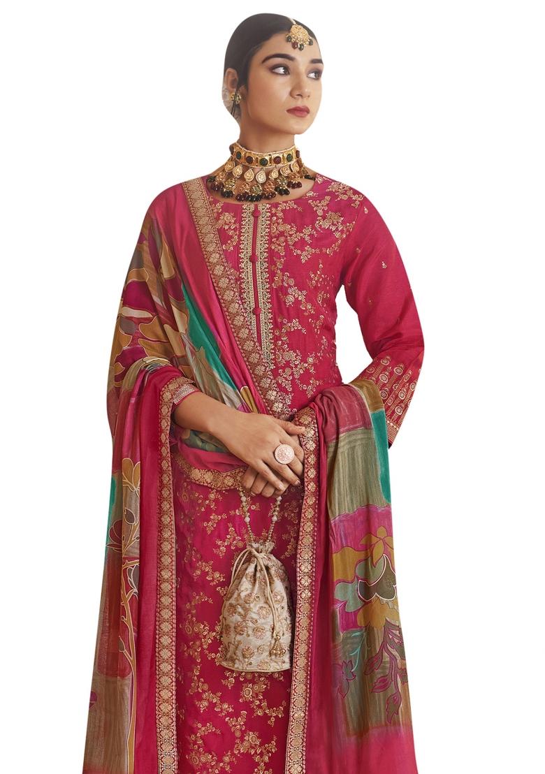 Magenta Embroidered Silk Dress Material - Indya