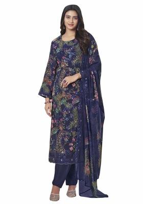 Navy Blue Embroidered Georgette Dress Material