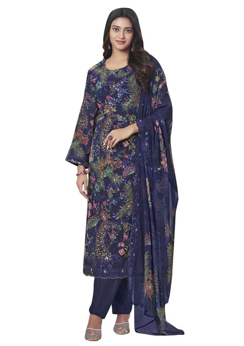 Navy Blue Embroidered Georgette Dress Material - Indya