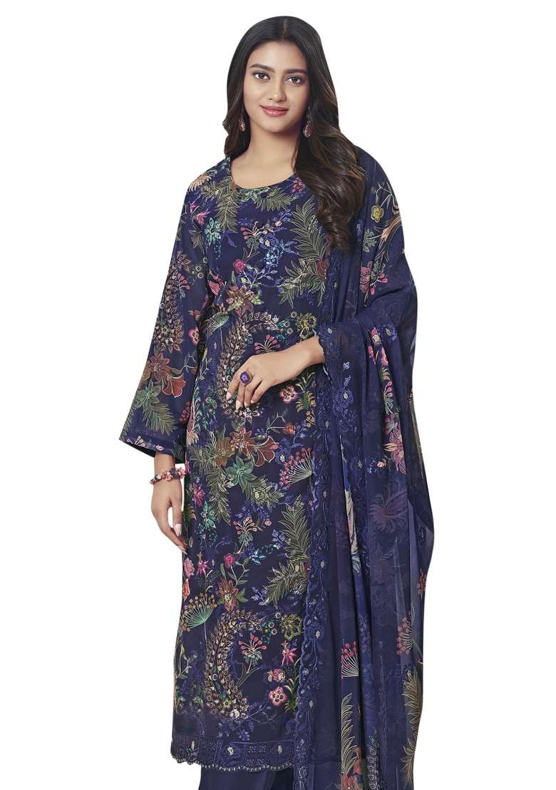 Navy Blue Embroidered Georgette Dress Material - Indya