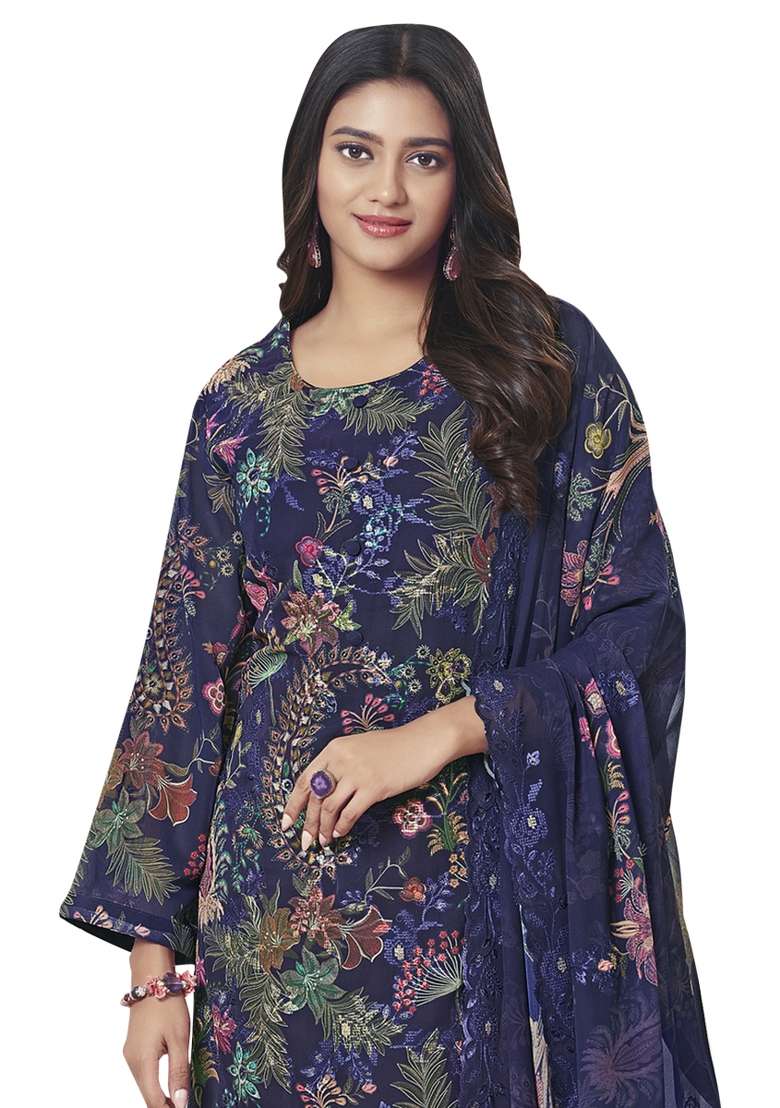 Navy Blue Embroidered Georgette Dress Material - Indya