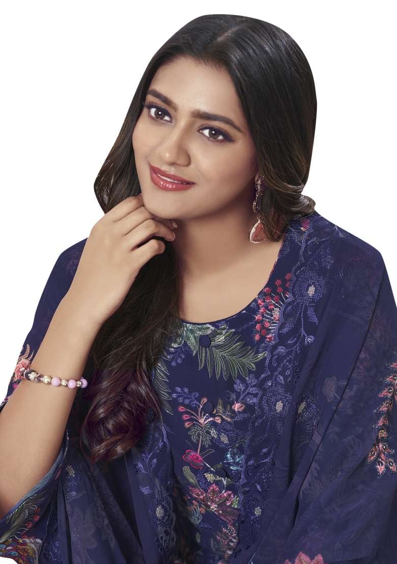 Navy Blue Embroidered Georgette Dress Material - Indya