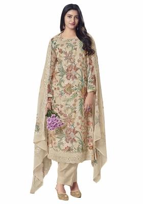 Beige Embroidered Georgette Dress Material