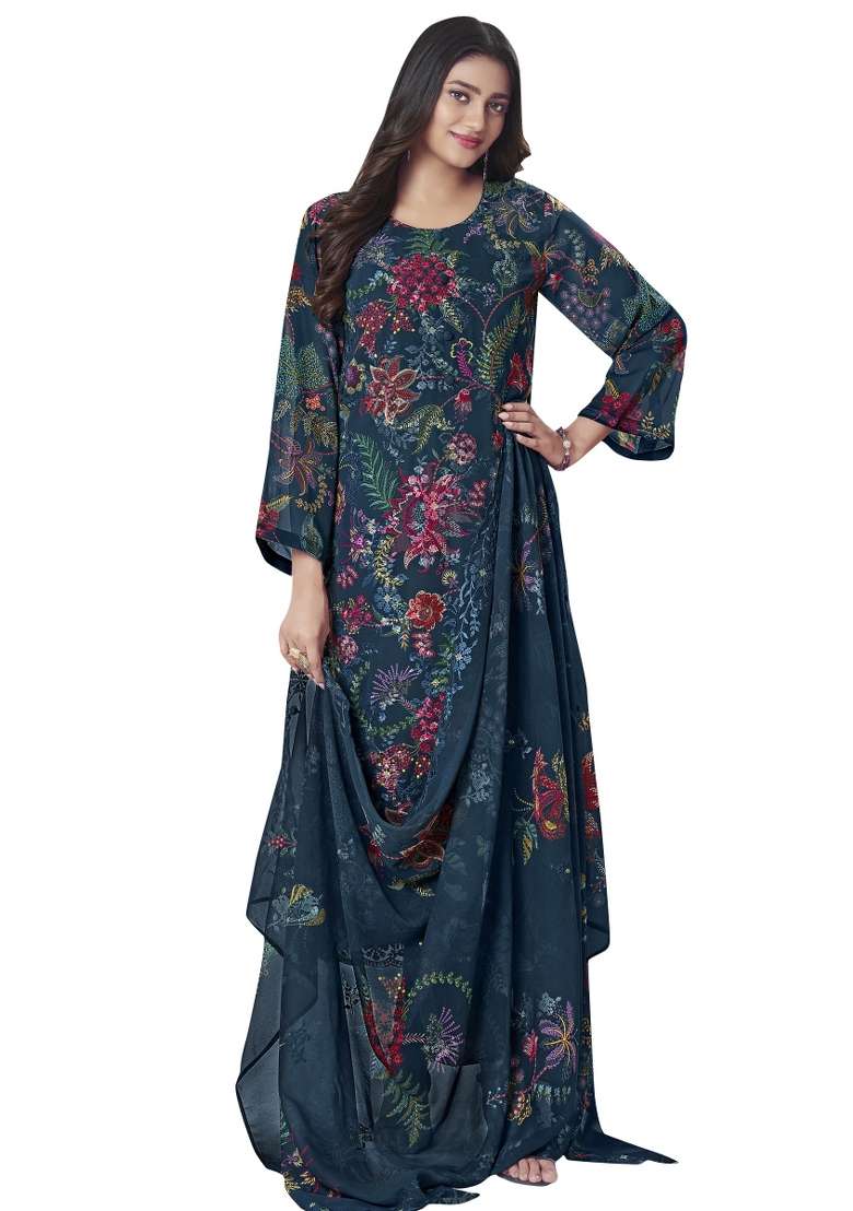 Navy Blue Floral Print Georgette Anarkali Set - Indya