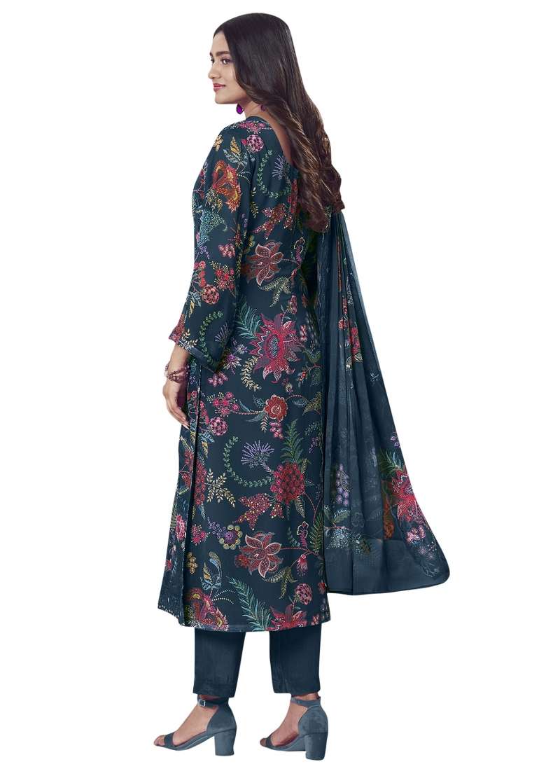 Navy Blue Floral Print Georgette Anarkali Set - Indya