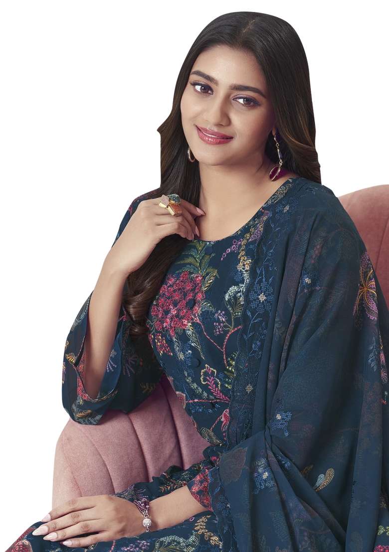 Navy Blue Floral Print Georgette Anarkali Set - Indya
