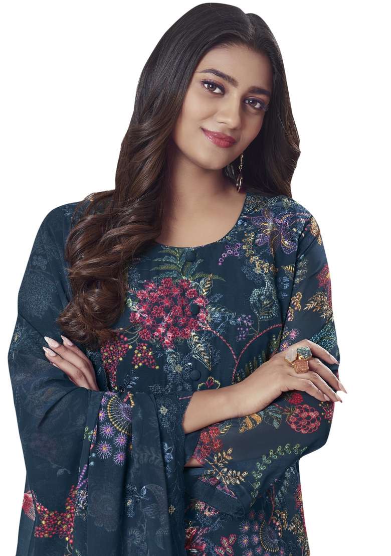 Navy Blue Floral Print Georgette Anarkali Set - Indya
