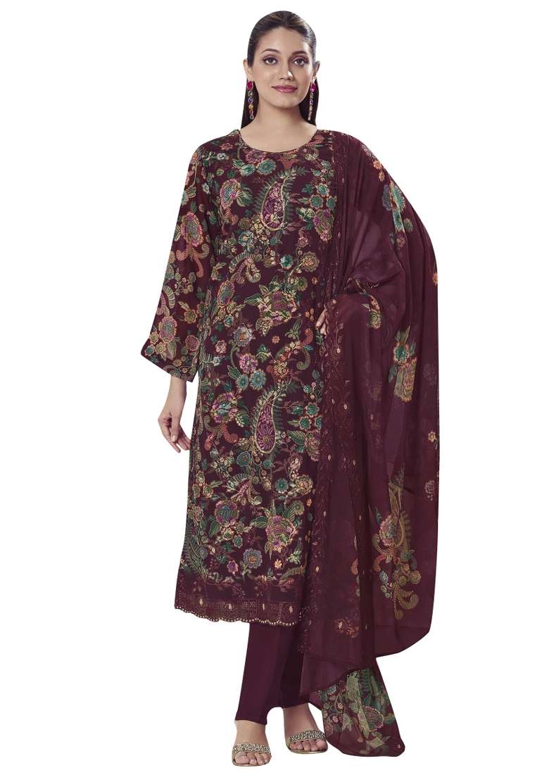 Maroon Printed Georgette Pakistani Suit Set - Indya