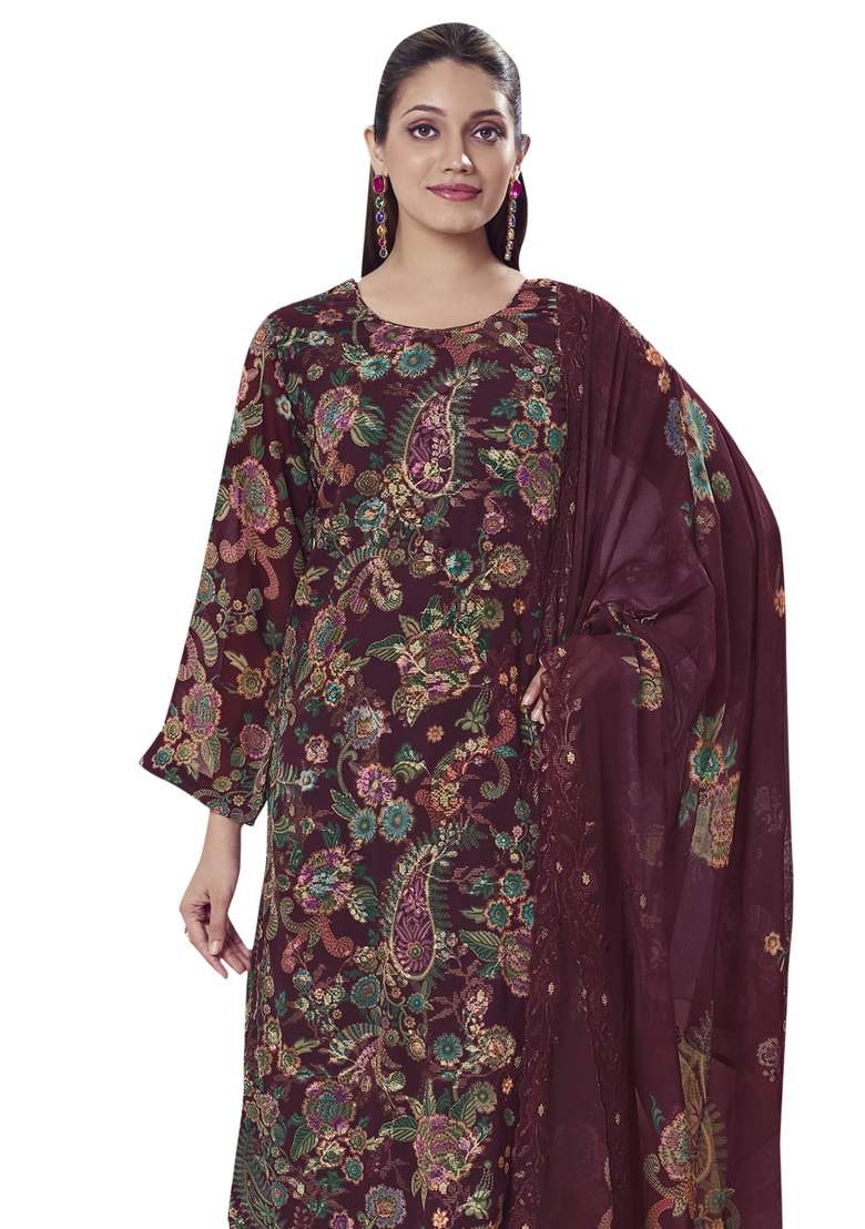 Maroon Printed Georgette Pakistani Suit Set - Indya