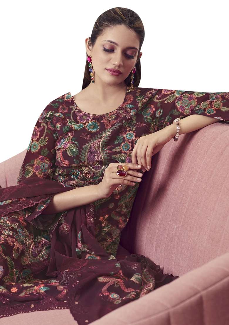 Maroon Printed Georgette Pakistani Suit Set - Indya