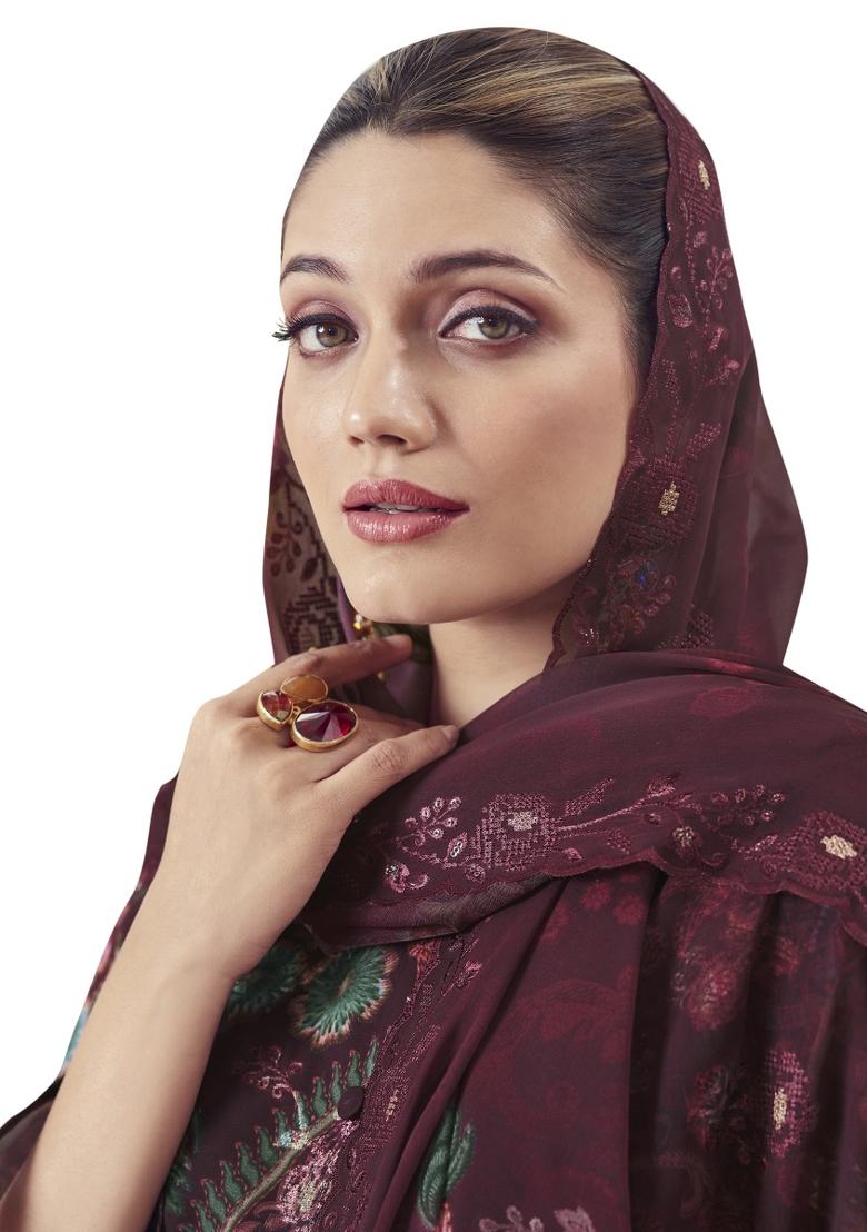 Maroon Embroidered Georgette Dress Material - Indya