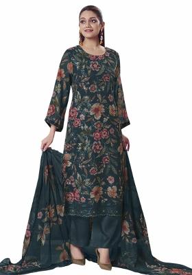 Teal Embroidered Georgette Dress Material