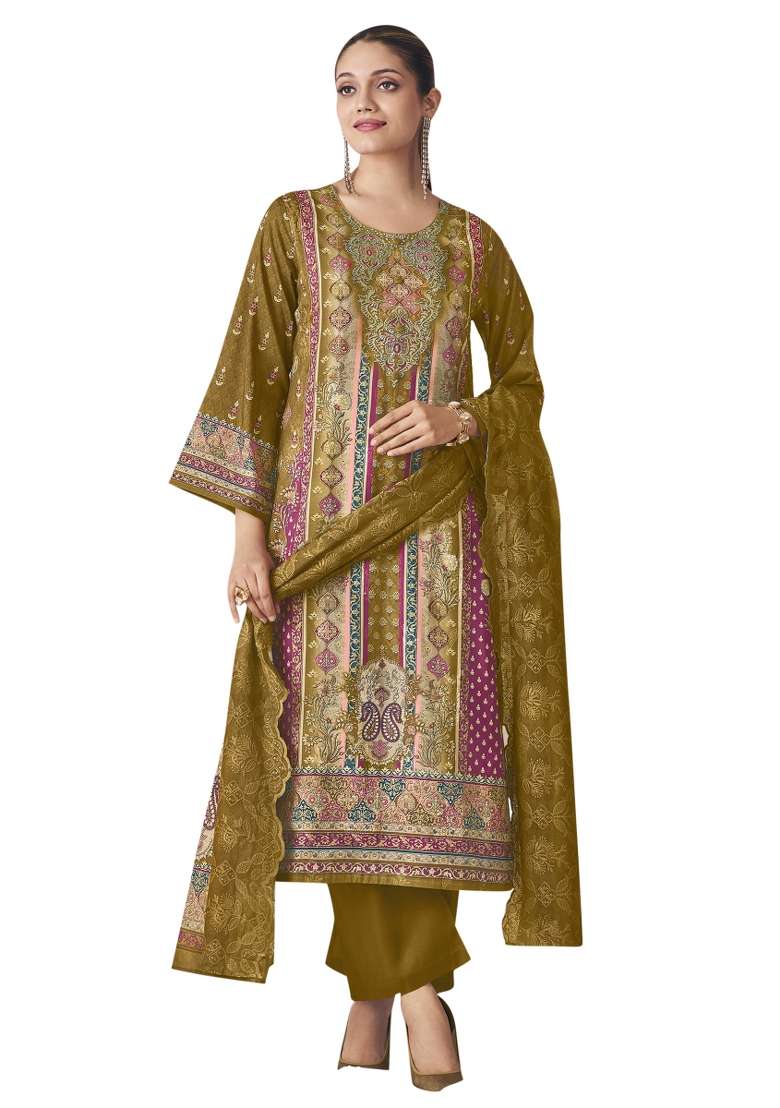 Mustard Embroidered Cotton Dress Material - Indya