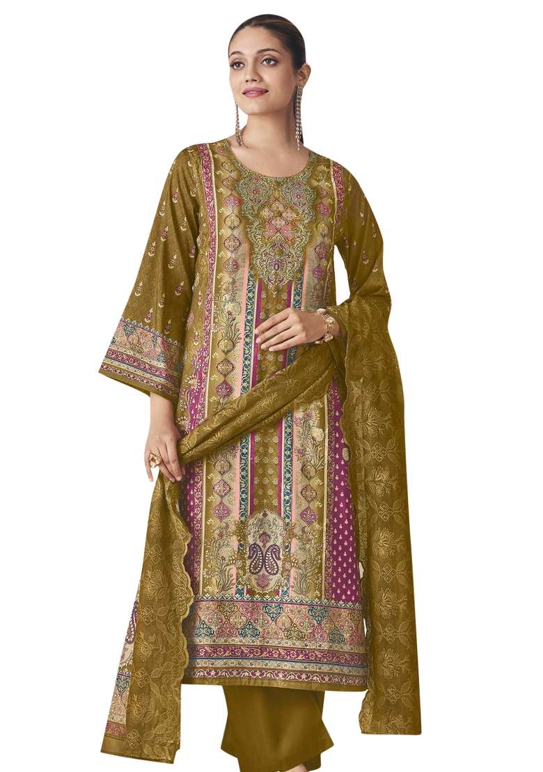 Mustard Embroidered Cotton Dress Material - Indya
