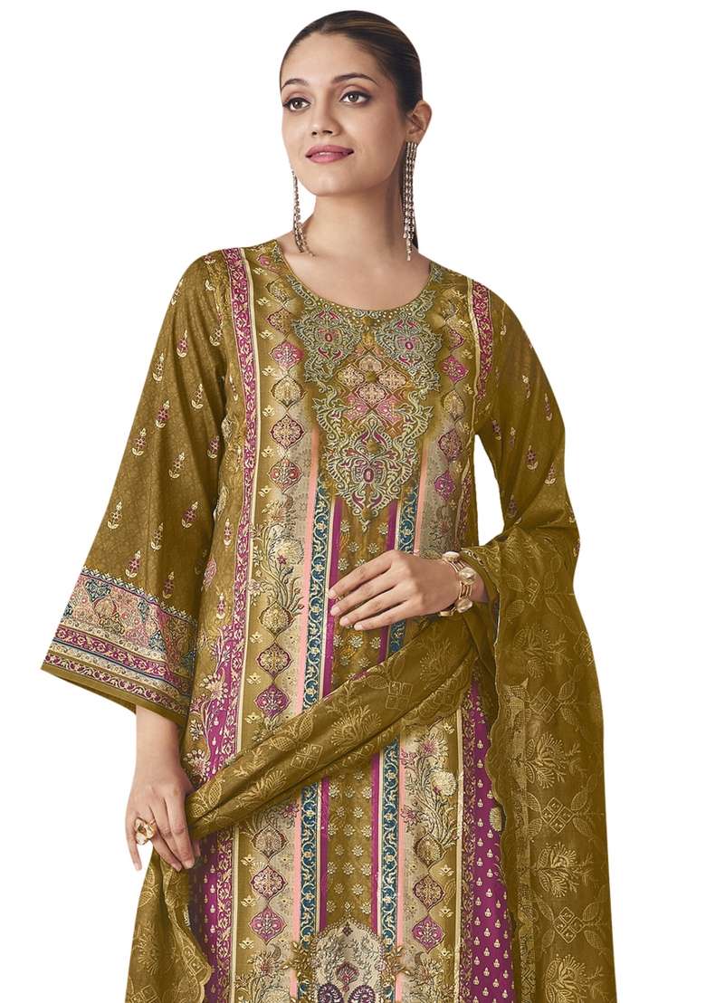 Mustard Embroidered Cotton Dress Material - Indya