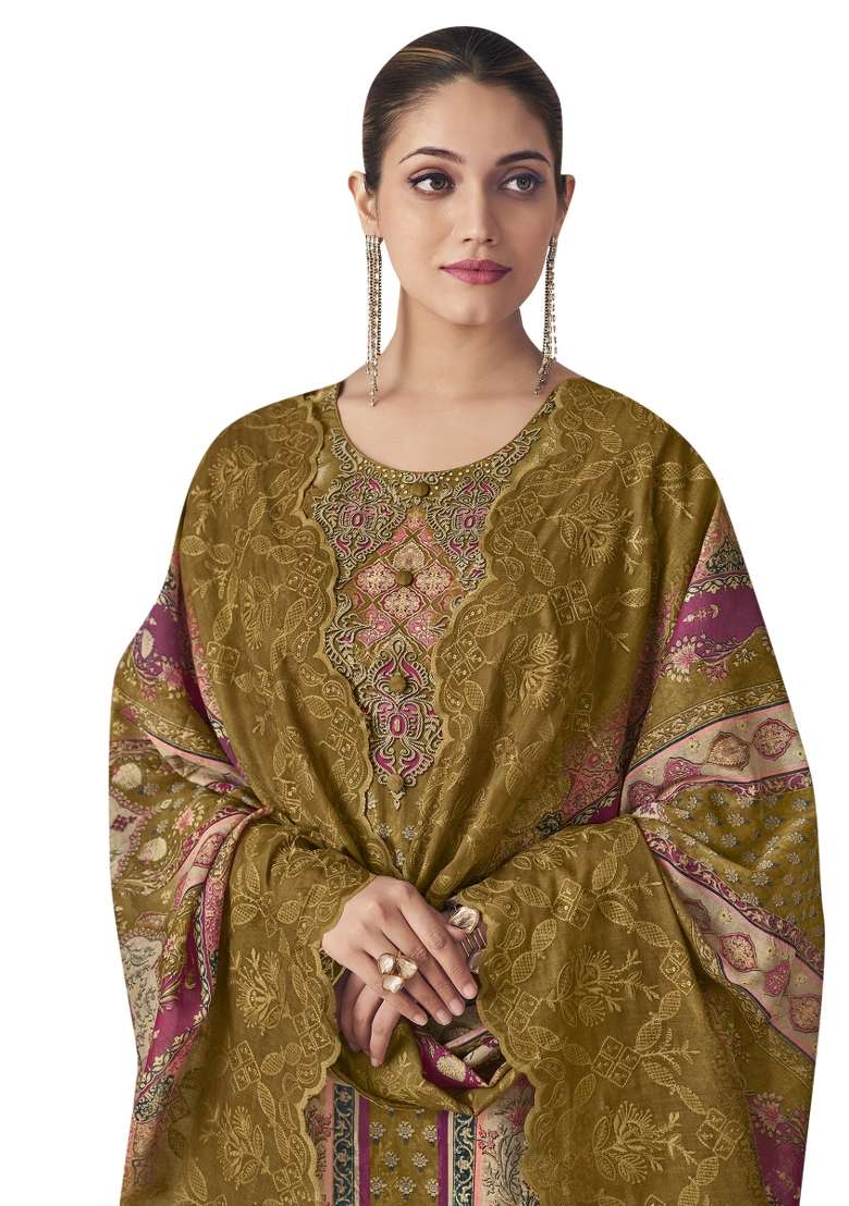 Mustard Embroidered Cotton Dress Material - Indya