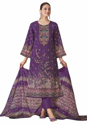 Purple Embroidered Cotton Dress Material