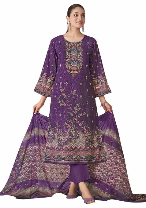 Purple Embroidered Cotton Dress Material