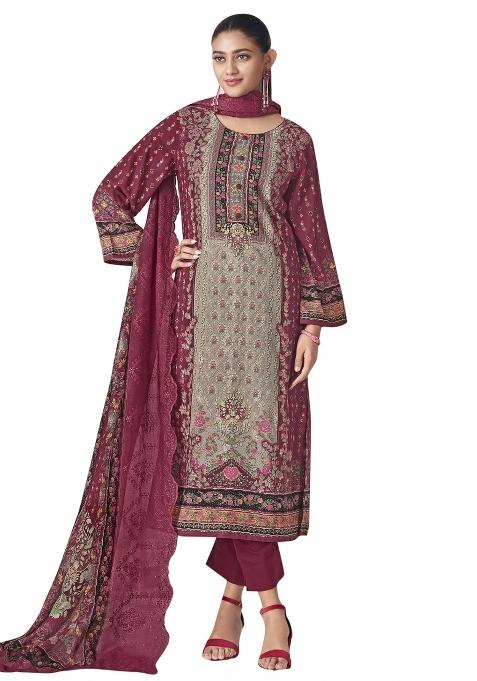 Maroon Embroidered Cotton Dress Material