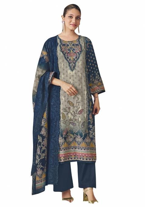 Navy Blue Embroidered Cotton Dress Material