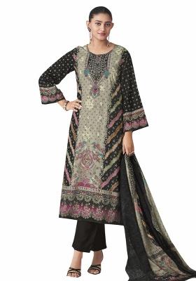 Black Embroidered Cotton Dress Material