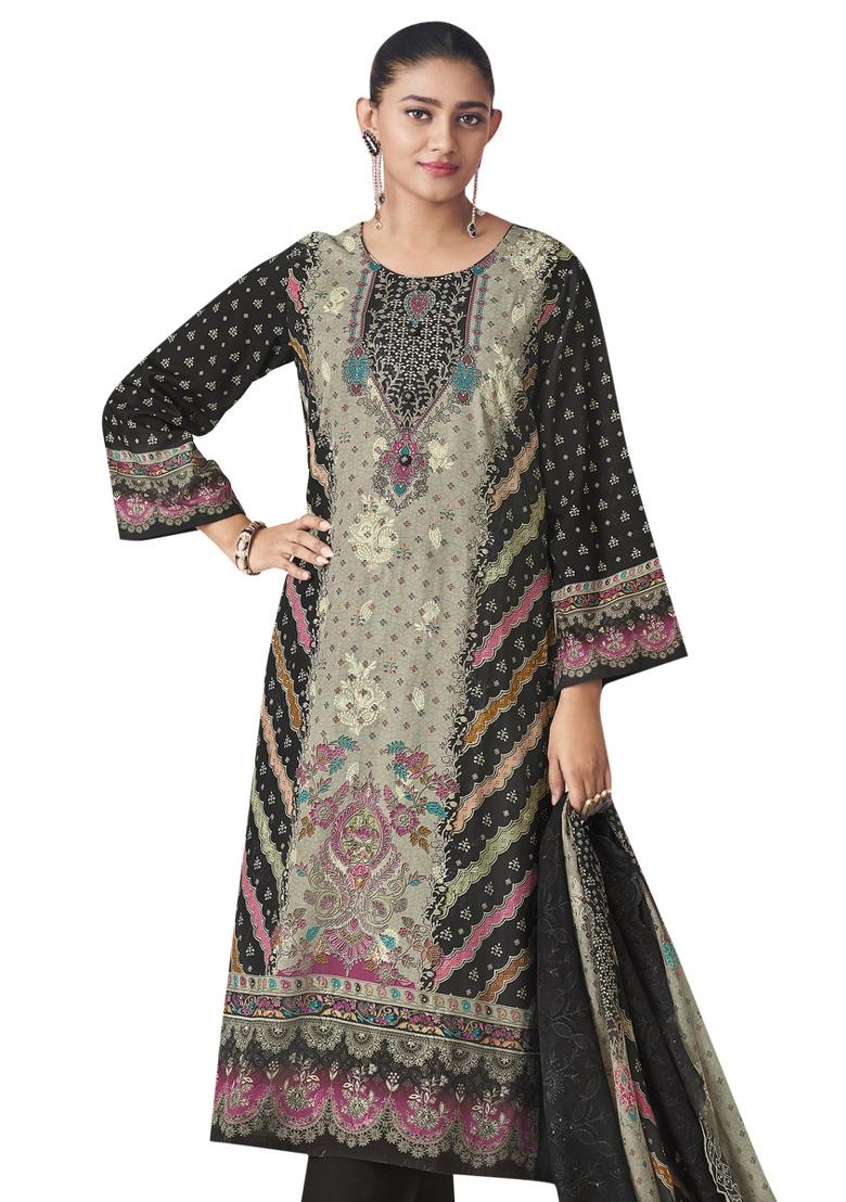 Black Embroidered Cotton Dress Material