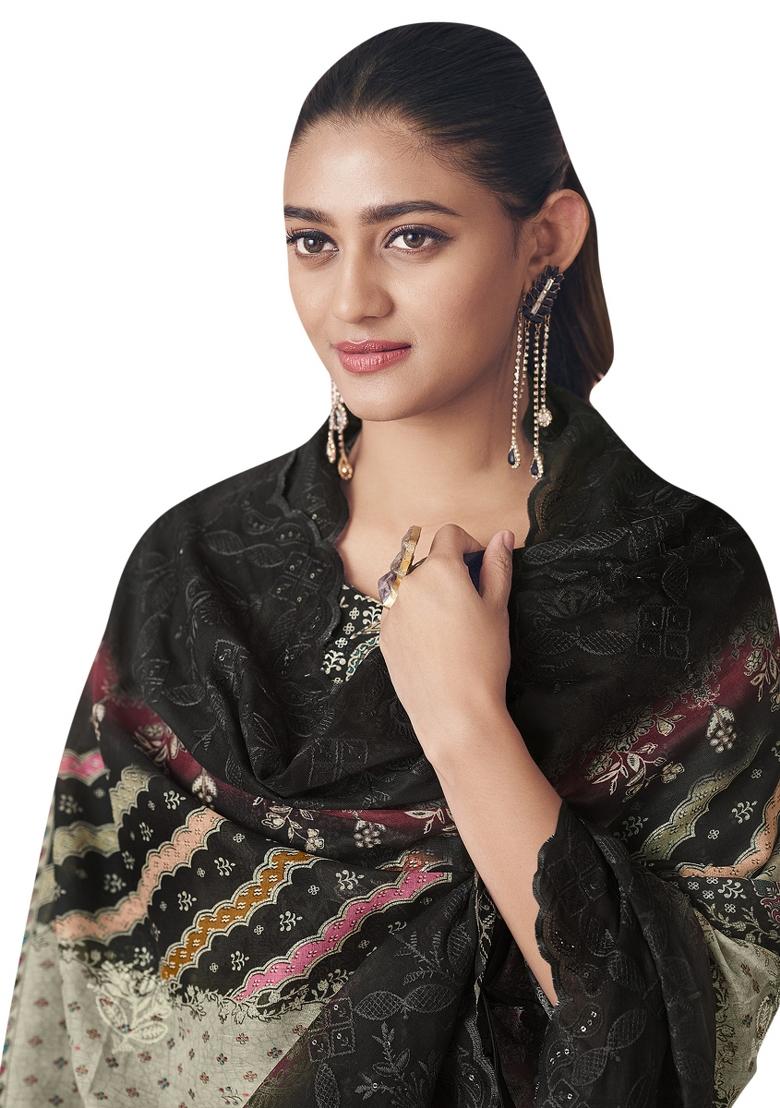 Black Embroidered Cotton Dress Material