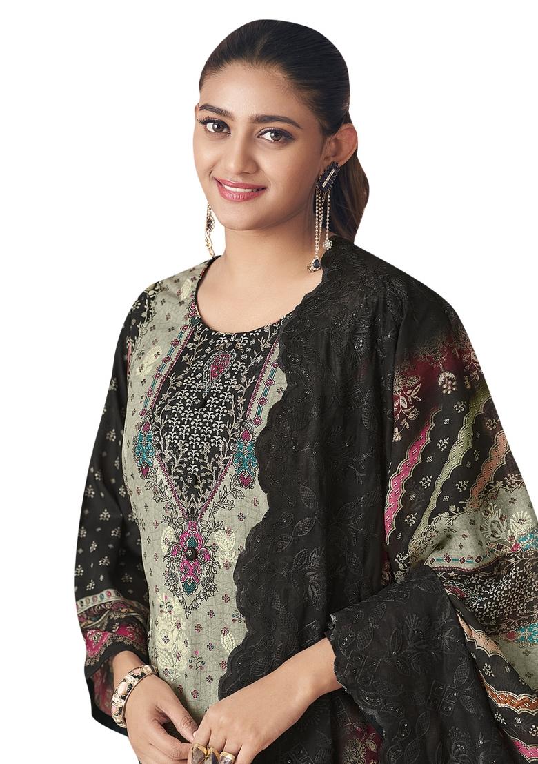 Black Embroidered Cotton Dress Material