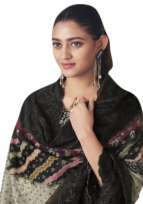 Black Embroidered Cotton Dress Material