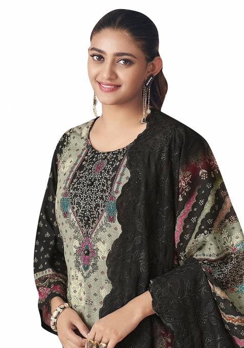 Black Embroidered Cotton Dress Material