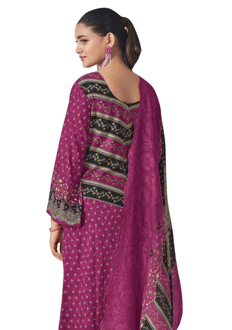Magenta Embroidered Cotton Dress Material - Indya