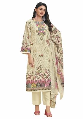 Cream Embroidered Cotton Dress Material
