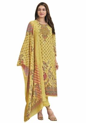 Lemon Yellow Embroidered Cotton Dress Material